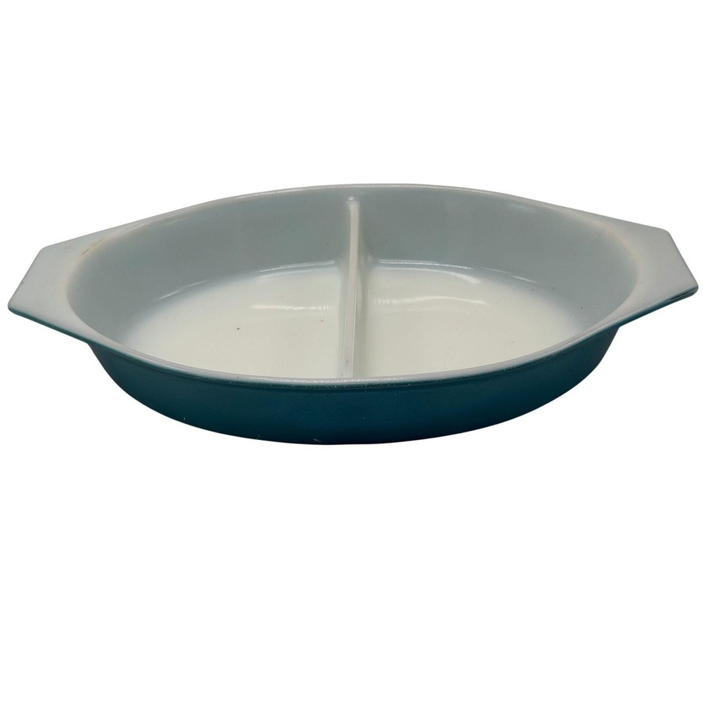 Vintage Pyrex Horizon Blue 1.5 Quart Divided Oval Casserole Dish 063 Teal Blue